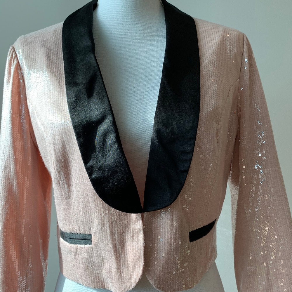 Baby Pink Sequins and Black Satin Cropped Blazer